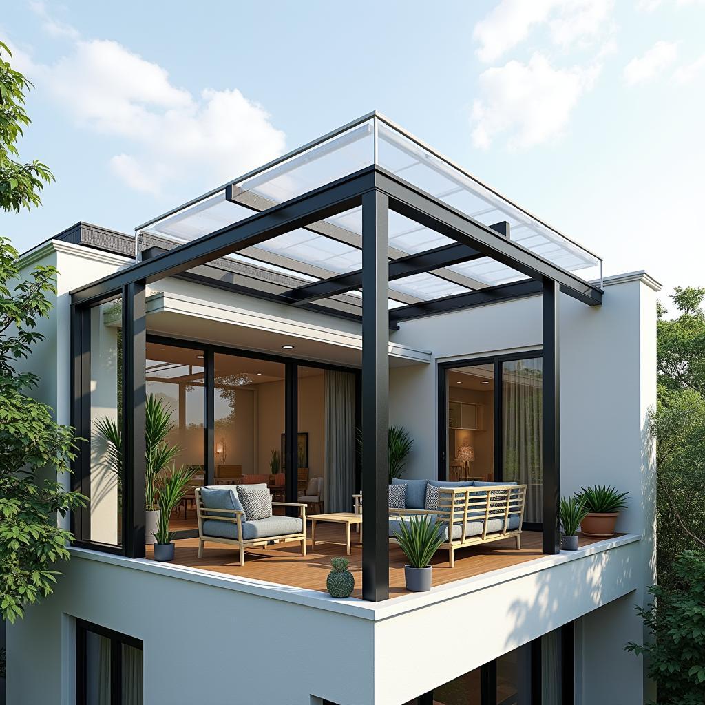 Mẫu mái che sân thượng bằng tấm nhựa polycarbonate hiện đại, lấy sáng tốt cho nhà phố Quận 12